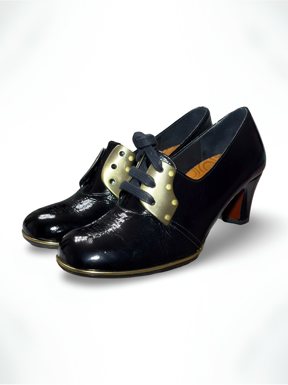 Chie Mihara "Gaitero" Black Crinkled Patent Leather Lace-Up Heels Size 7.5